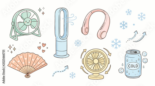 Cuadro en lienzo A charming collection of various cooling devices and accessories, including fans, a neck fan, and a cold beverage, all depicted in a cute, illustrated style