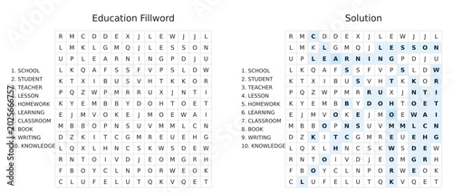 Education word search puzzle for students with answer key and solution included