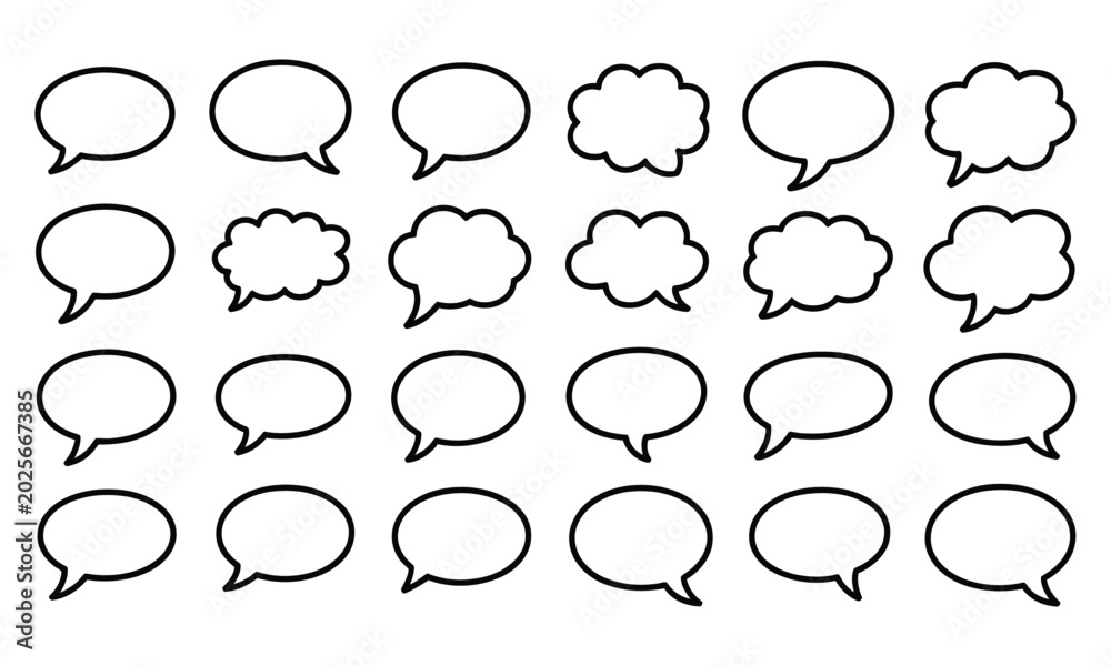 Fototapeta premium Collection of minimalist black and white speech bubble and thought bubble shapes