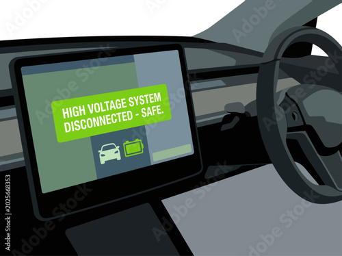 Photos Modern car interior displays a high-voltage disconnect message