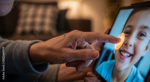 persons hands holding a tablet, showing a happy child on screen during a video call. The image conveys connection and technology use across generations.