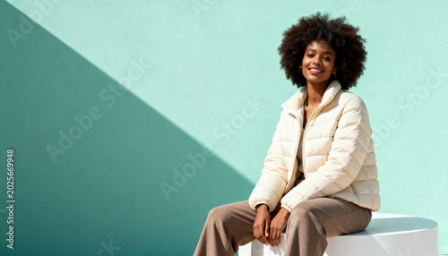 Smiling young black woman with afro wearing a cream puffer jacket. Happy female model sitting against a teal wall with geometric shadow. Winter fashion concept with copy space