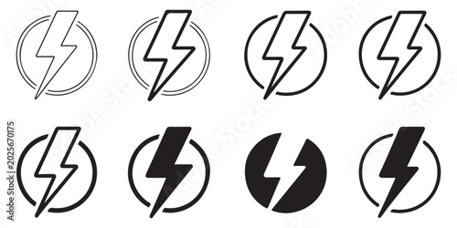 Canvastavla Minimalist lightning bolt logo set enclosed in circular frames showcasing various stroke weights and solid variations for modern branding identity