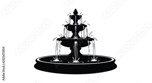 Foto Black silhouette of a three tiered fountain with flowing water