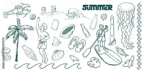 Summer hand-drawn doodle vector elements set for beach party flyers, tropical holiday posters, and vacation sticker designs. Features surfboard, palm tree, and ocean life icons.