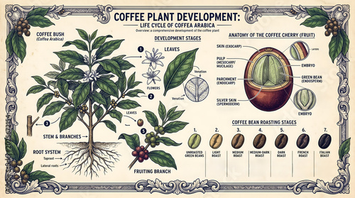 Vintage coffee plant development infographic with roasting stages and cherry anatomy