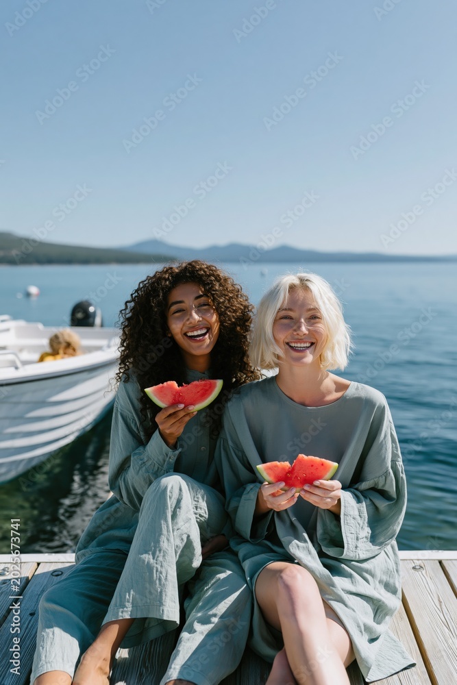 Obraz premium Two friends eating watermelon on a lakeside dock in summer smiling by a boat for lifestyle background and banner design