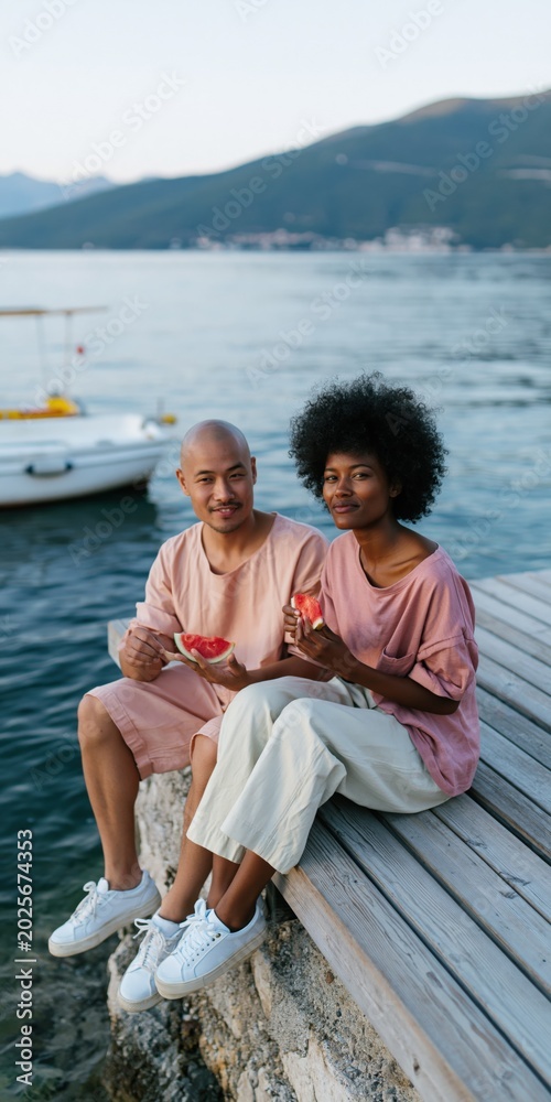Fototapeta premium Young couple sitting on a wooden dock eating grapefruit by the sea for summer lifestyle banner and travel background