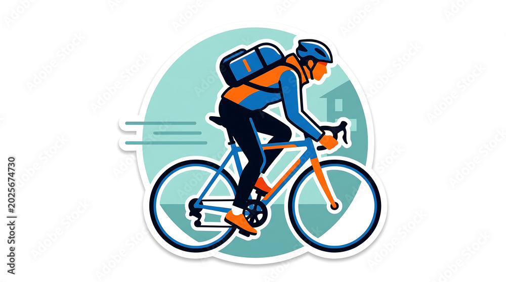 Fototapeta premium A cyclist with a backpack delivering goods on a bicycle, representing fast and efficient urban delivery services