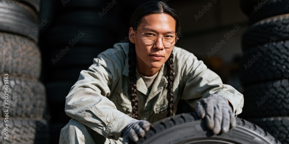 Fototapeta premium Young mechanic with braided hair handling a tire in garage background for workshop banner and industrial design