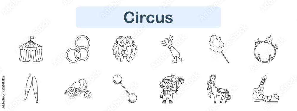 Fototapeta premium Circus set icon. Tent, rings, lion head, cannon, cotton candy, fire ring, stilts, bird bicycle, balance bar, clown, horse, boot. Performance show, carnival attraction visuals.