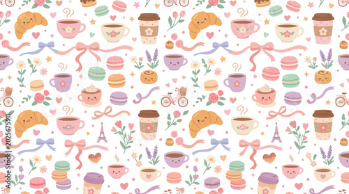 Kawaii French Cafe Food  Drink Seamless Pattern. Cute Croissants, Coffee, Macarons, Flowers. Flat Vector.