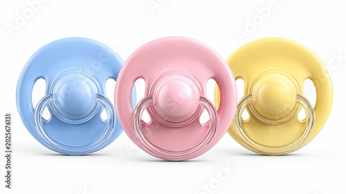 Cute baby pacifiers in blue, pink, and yellow