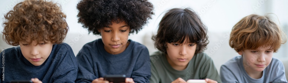 Obraz premium Close up of four focused kids using mobile phones on couch for screen learning and gaming background suitable for education design and digital safety campaigns