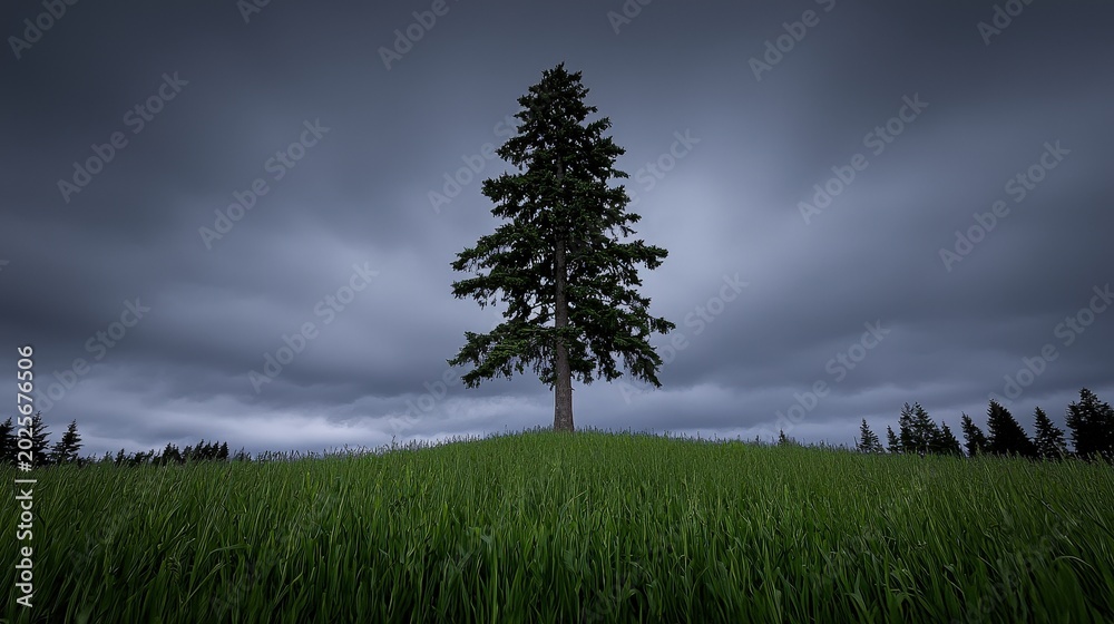 Fototapeta premium Majestic lone tree on hilltop under dramatic stormy sky panorama