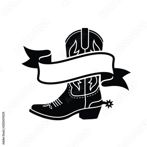 Tableau sur toile Cowboy boot silhouette with a blank ribbon banner and metal spur
