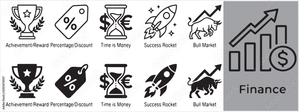 Fototapeta premium FinTech and Trading Icon Set with Startup Rocket and Bull Market Trend