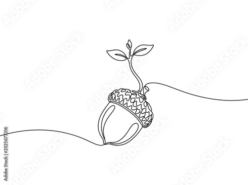 Single line drawing of a sprouting acorn symbolizing growth and new beginnings with a hopeful mood