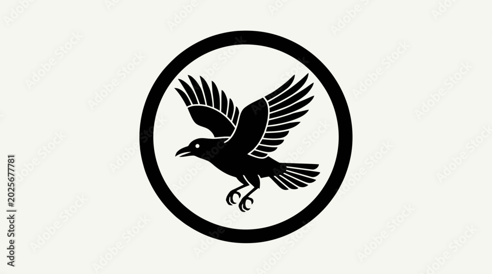 Fototapeta premium Black Raven or Crow Silhouette in Flight Inside Circle Emblem, Vector Illustration