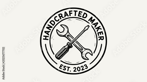Vintage Handcrafted Maker Logo Design Featuring Crossed Wrench and Screwdriver Tools in a Circular Badge