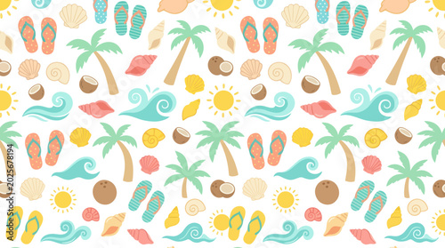 Summer Beach Vacation Seamless Pattern in Flat Hand-drawn Style with Tropical Elements