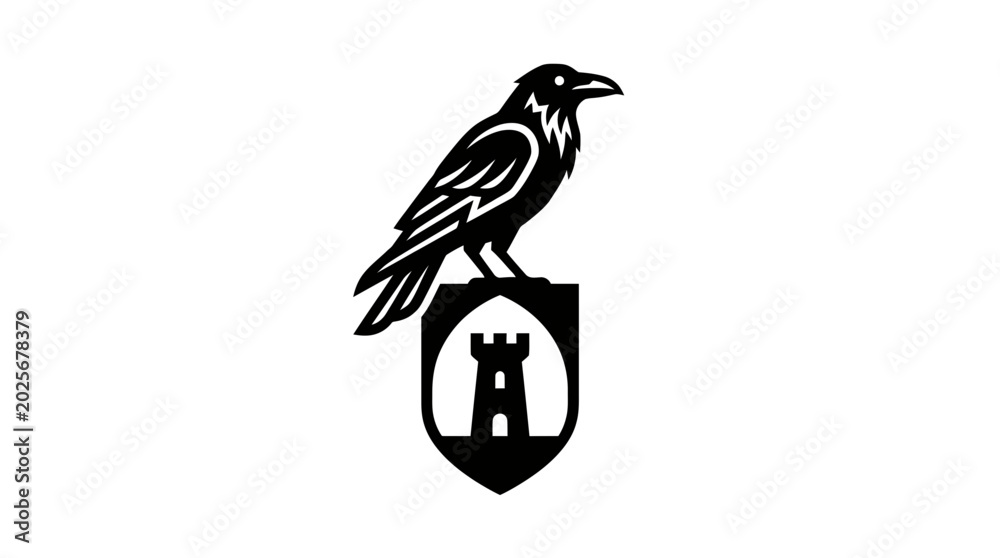 Fototapeta premium Gothic Raven Mascot Illustration Perched on Heraldic Shield with Castle Tower Silhouette