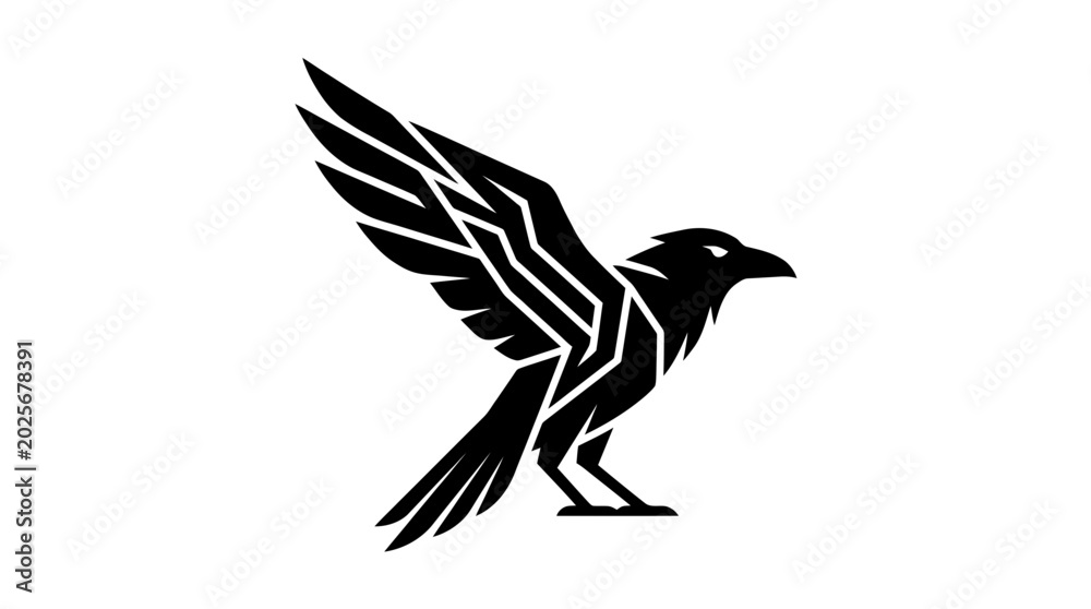 Fototapeta premium Stylized Black Crow Mascot Vector Illustration, Geometric Raven Logo Icon Isolated on White Background