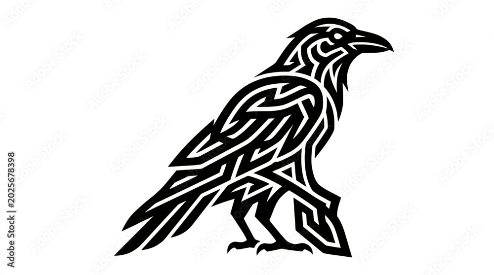 Fototapeta premium Stylized Raven Tribal Tattoo Vector Illustration - Black Crow Silhouette with Geometric Celtic Patterns