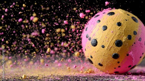 Yellow and pink ball with black dots