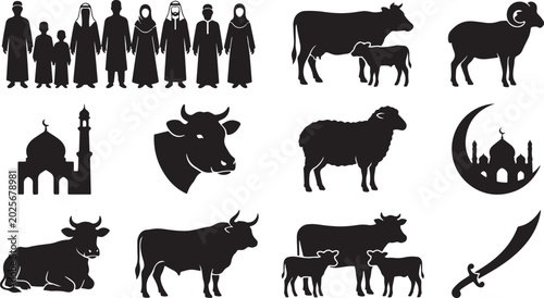 Sacrifice animals and islamic culture symbols set including cow sheep ram mosque and sword for eid al adha religious holiday graphics.