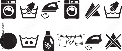 Laundry care symbols and icons set wash dry iron clean clothes washing machine detergent bottle on background.