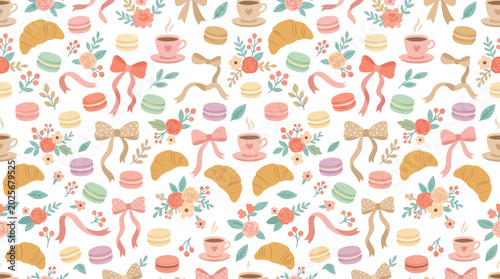 French Pastries and Flowers Pattern - Cute Flat Vector Design