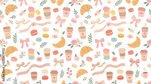 Cute French Bakery Pattern with Croissants, Macarons, Coffee, and Ribbons