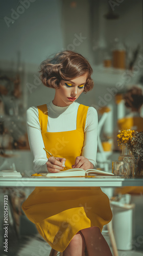 Portrait of a young woman with a vintage hairstyle writing in a notebook in a brightly lit studio