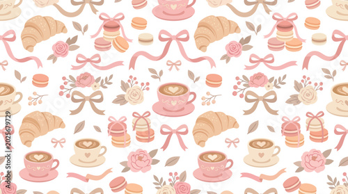 Cute Vector Seamless Pattern: Bakery  Cafe Food Illustration with Croissants, Macarons, Coffee  Pastries