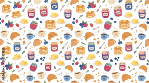 Food  Drink Breakfast Seamless Pattern Flat Vector Illustration with Pancakes, Croissants, Jam, Butter  Coffee Mugs
