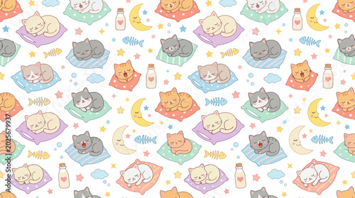 Cute Cartoon Vector Seamless Pattern with Adorable Sleeping Kittens and Pet Accessories for Children's Designs