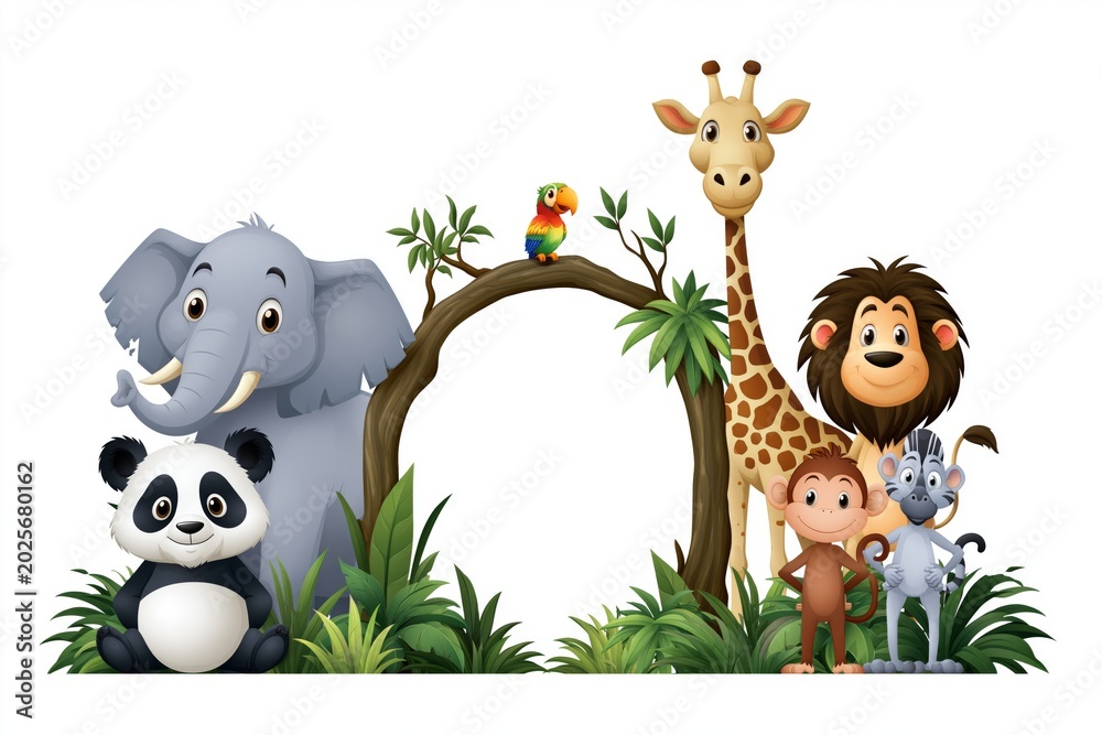 Naklejka premium Cute Cartoon Jungle Animals Illustration with Tree Branch Frame on White Background