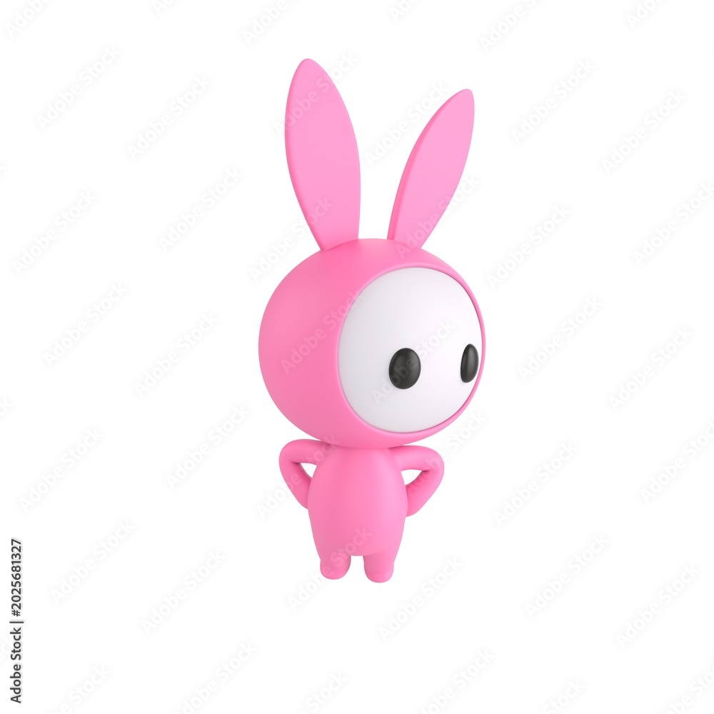 Fototapeta premium Cute 3D render Pink Bunny Monster character standing with hands on hips, body facing forward while looking to the side, confident and thoughtful pose, isolated on white background.