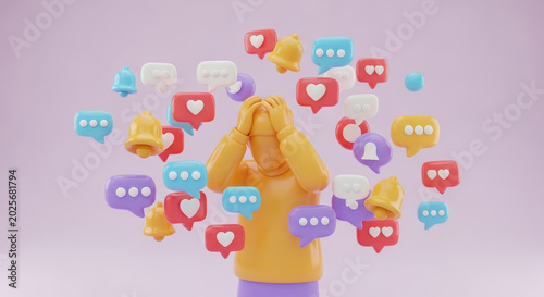 Overwhelmed person surrounded by social media notifications and icons digital stress concept