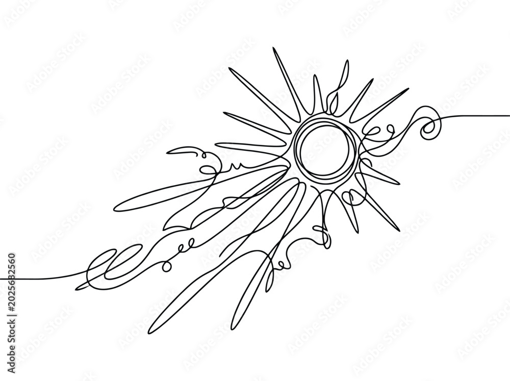 Obraz premium Single continuous line drawing of a sun radiating light and energy with a whimsical flowing style