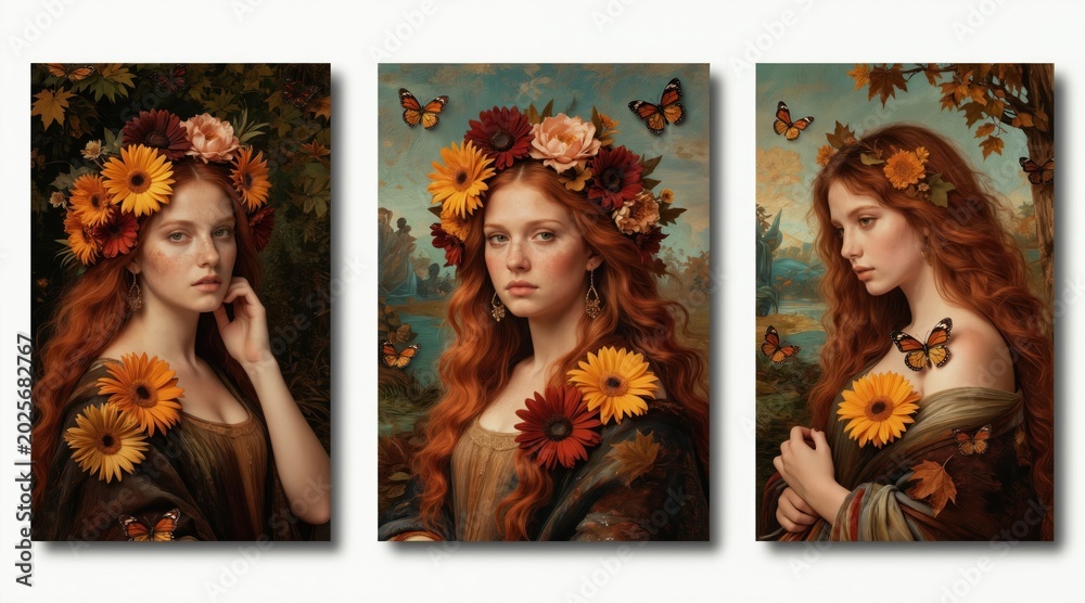 Fototapeta premium Redhead woman with flowers in hair and butterflies around her wears classical dress in autumn nature setting. Digital art portrait styled like renaissance painting for magazines and art lovers.