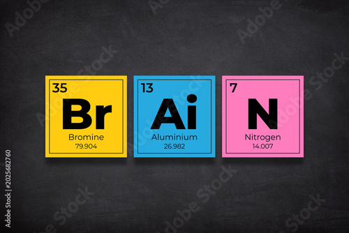 Photography Brain text written using periodic table elements on chalkboard.