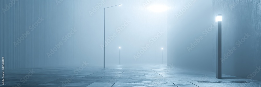 Obraz premium Foggy city morning with street lamps and rainy streets in a minimalist setting