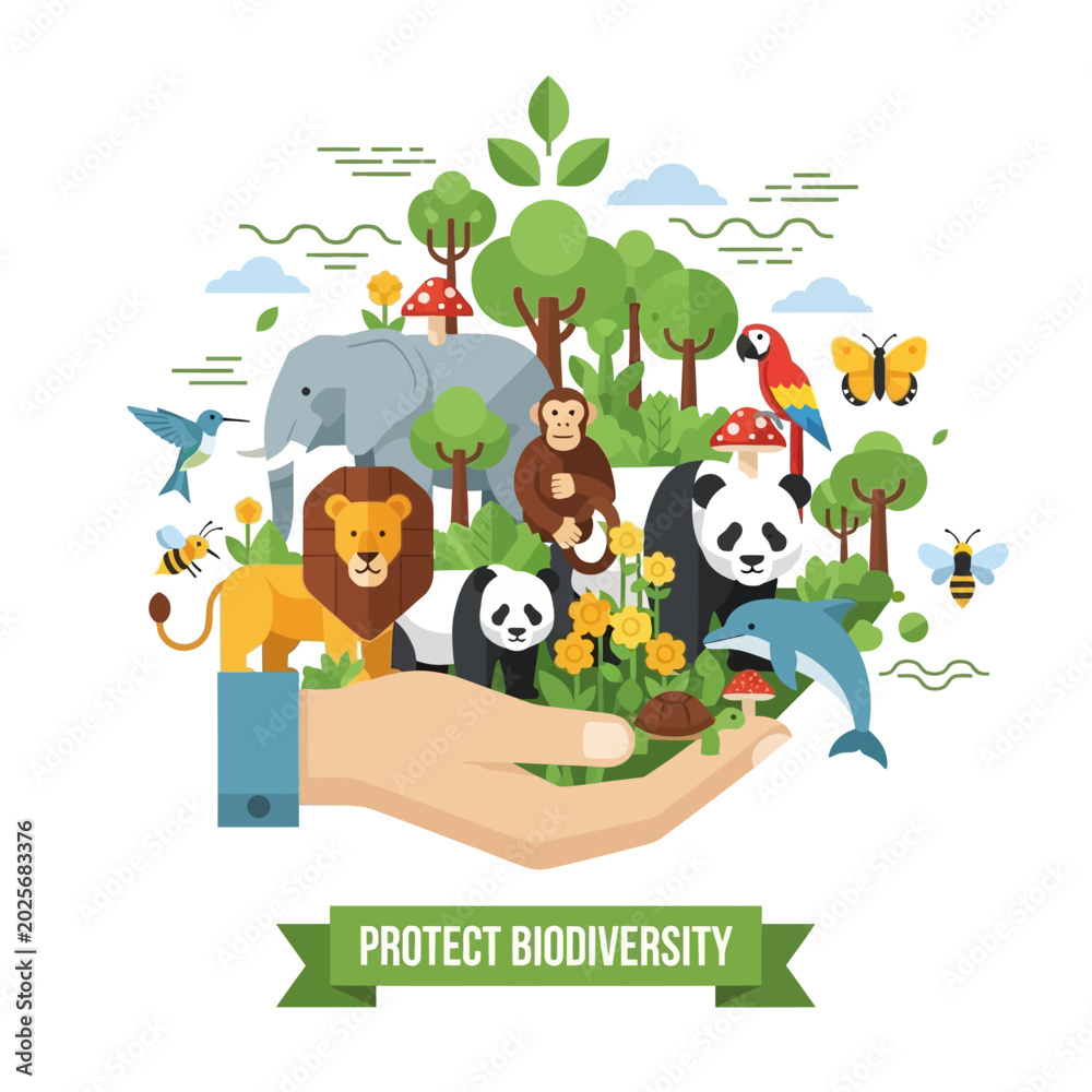 Fototapeta premium Biodiversity Protection: Hand Holding Ecosystem of Wildlife Illustration