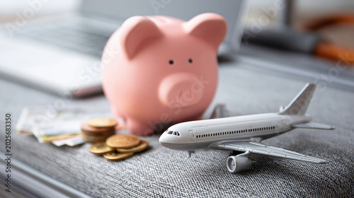 Saving money for travel with piggy bank and airplane model, holiday budget planning, vacation fund concept