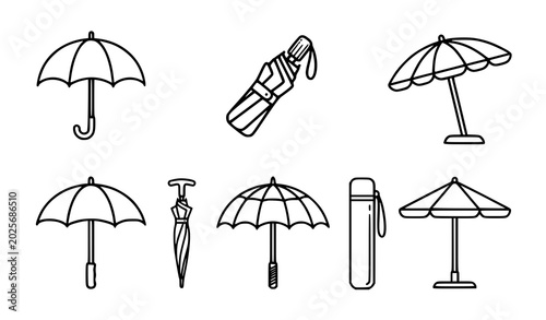 Schilderij op canvas Umbrellas Outline Monochrome Vector Icons Set with Portable Collapsible Rain and