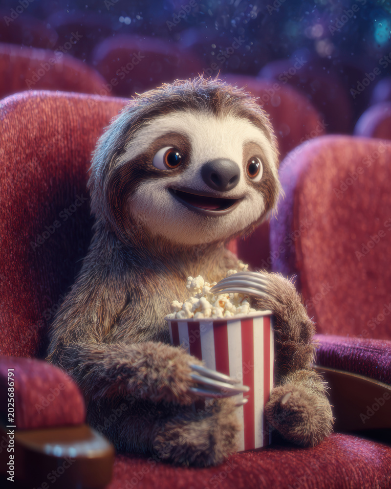 Fototapeta premium Cute Sloth Watching Movie with Popcorn – Generative AI