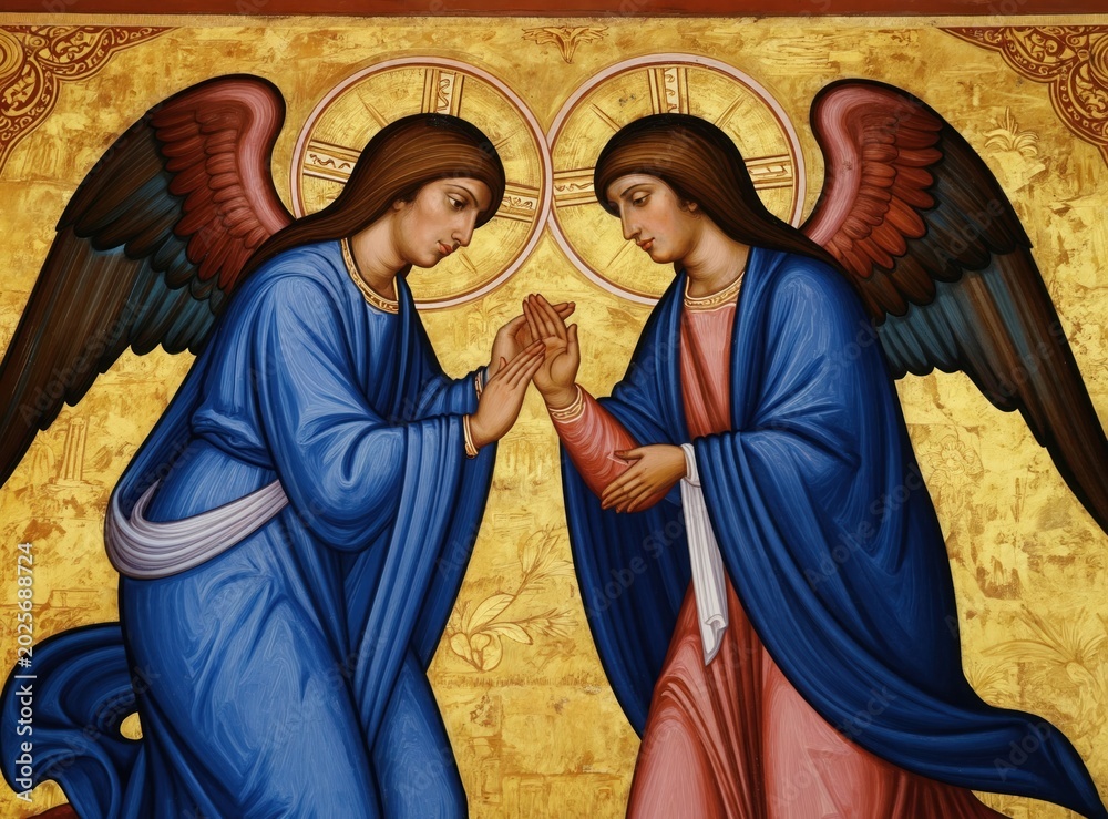Obraz premium Two angels with blue robes and brown wings hold hands in greeting on a golden background. Religious art style depicts holy figures, divine messengers, offering spiritual comfort, hope, and peace.
