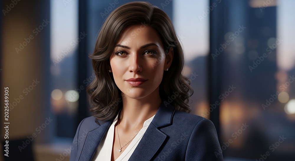 Fototapeta premium Confident Young Woman Posing in Modern Office at Dusk